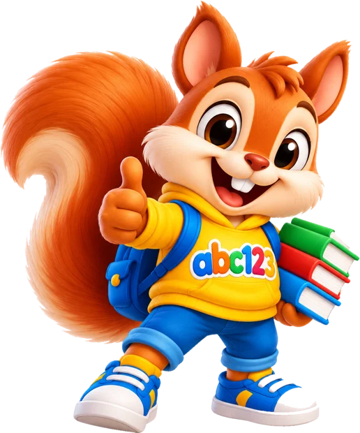 Sanjoob (سنجوب), l'écureuil mascotte d'ABC123, pouce levé avec ses livres
